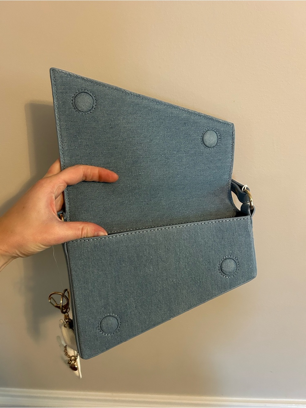 Blue Denim Shoulder Bag with Decorative Charm - Picture 3 of 6